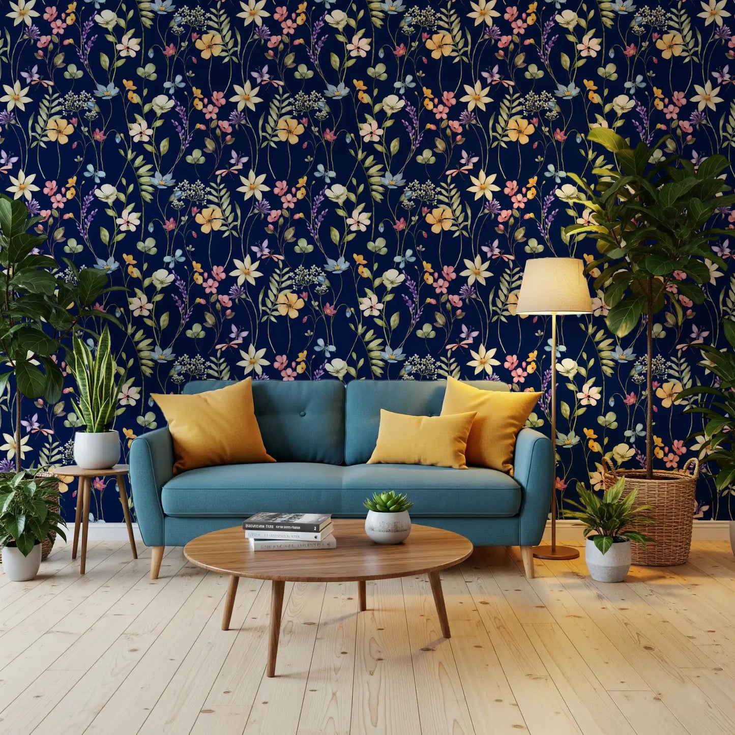 Watercolour floral wallpaper on navy base with pink blue and purple blooms in hallway., GD10548