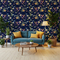Watercolour floral wallpaper on navy base with pink blue and purple blooms in hallway., GD10548