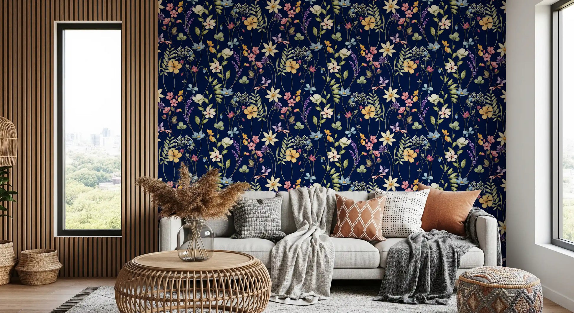 Deep navy wildflower wallpaper with butterflies and delicate lavender sprigs., GD10548