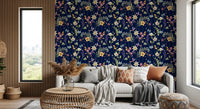 Deep navy wildflower wallpaper with butterflies and delicate lavender sprigs., GD10548