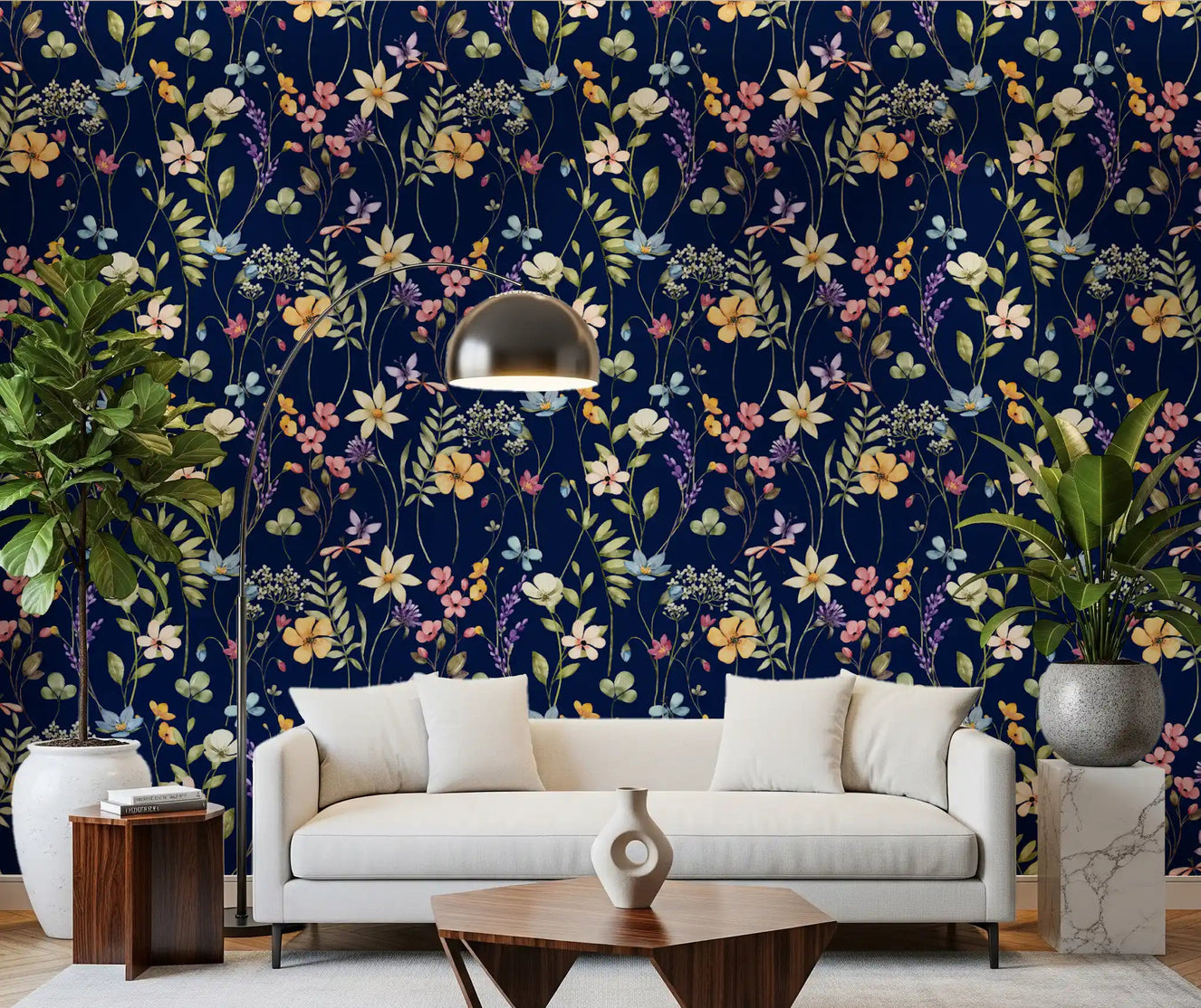 Dark botanical garden wallpaper for living room in deep navy and pastel tones.