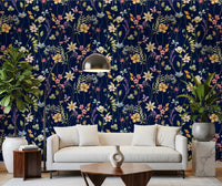 Dark botanical garden wallpaper for living room in deep navy and pastel tones., GD10548