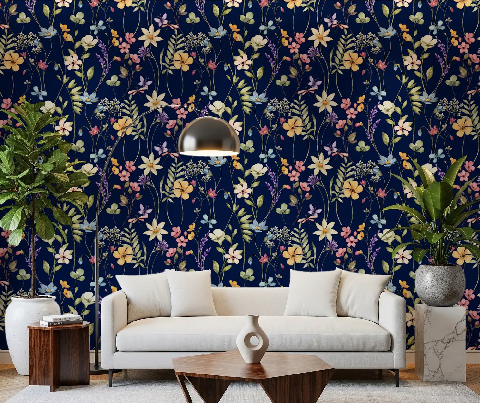Dark botanical garden wallpaper for living room in deep navy and pastel tones., GD10548