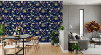 Enchanted midnight garden wallpaper with watercolour flowers on dark navy., GD10548