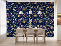 Dark botanical wallpaper pattern with scattered wildflowers and green foliage in dining room., GD10548