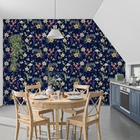 Navy background floral wallpaper with colourful watercolour blooms and stems., GD10548