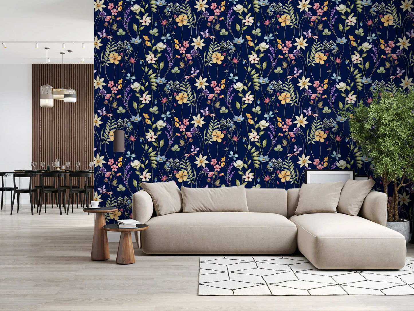 Midnight floral wallpaper for living room walls with colourful watercolour blooms., GD10548