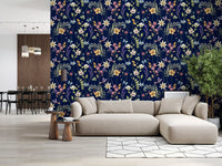 Midnight floral wallpaper for living room walls with colourful watercolour blooms., GD10548