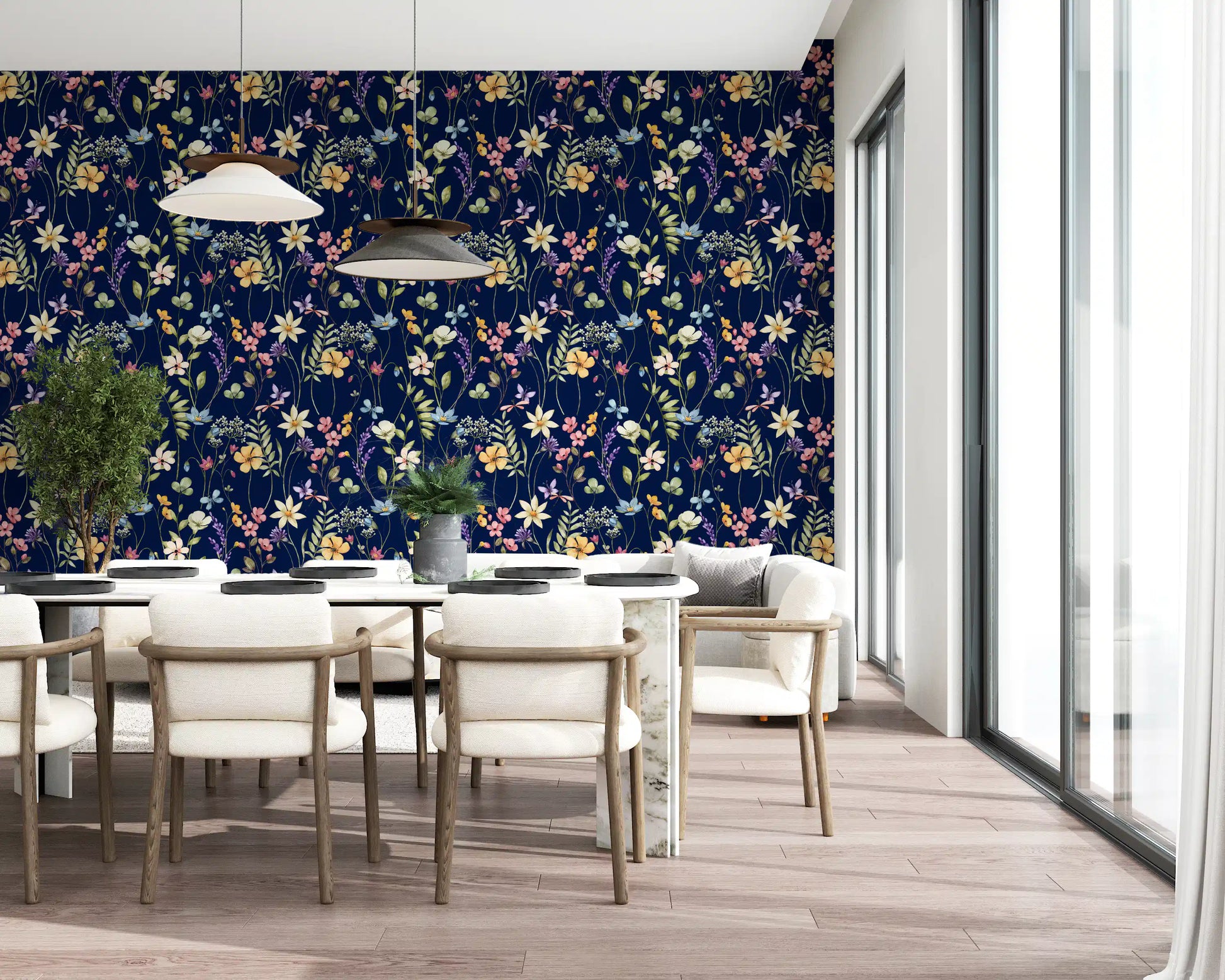 Midnight garden wallpaper with golden buttercups and lavender on deep navy., GD10548