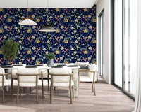 Midnight garden wallpaper with golden buttercups and lavender on deep navy., GD10548