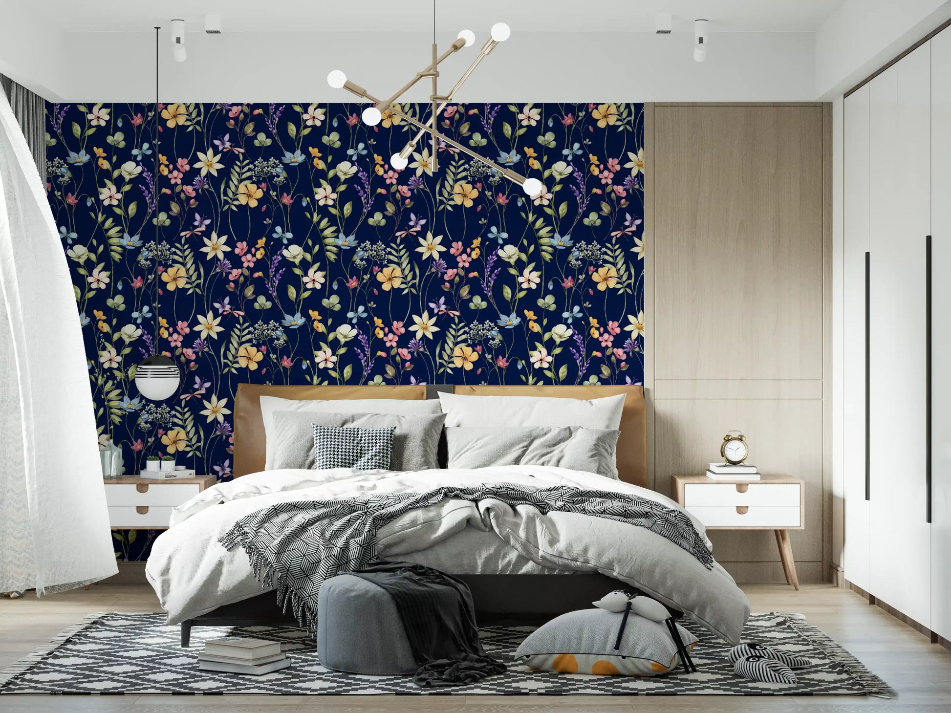 Dark floral wallpaper featuring pink and yellow wildflowers on midnight blue., GD10548