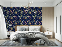 Dark floral wallpaper featuring pink and yellow wildflowers on midnight blue., GD10548