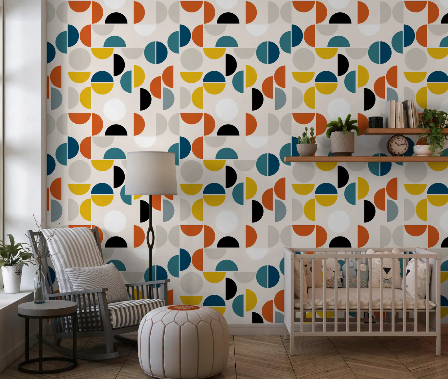 Retro geometric wallpaper pattern featuring mustard and teal circle shapes., GD10549