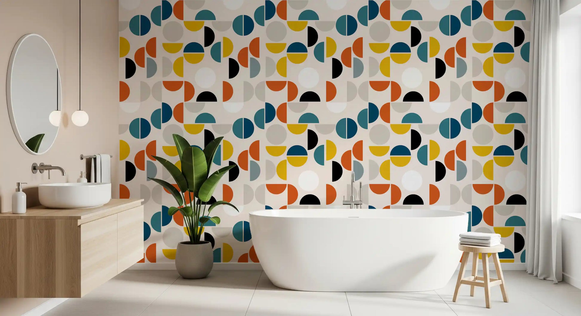 Geometric rhythm wallpaper with bold half-circles in teal orange and grey., GD10549