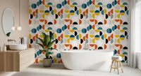 Geometric rhythm wallpaper with bold half-circles in teal orange and grey., GD10549