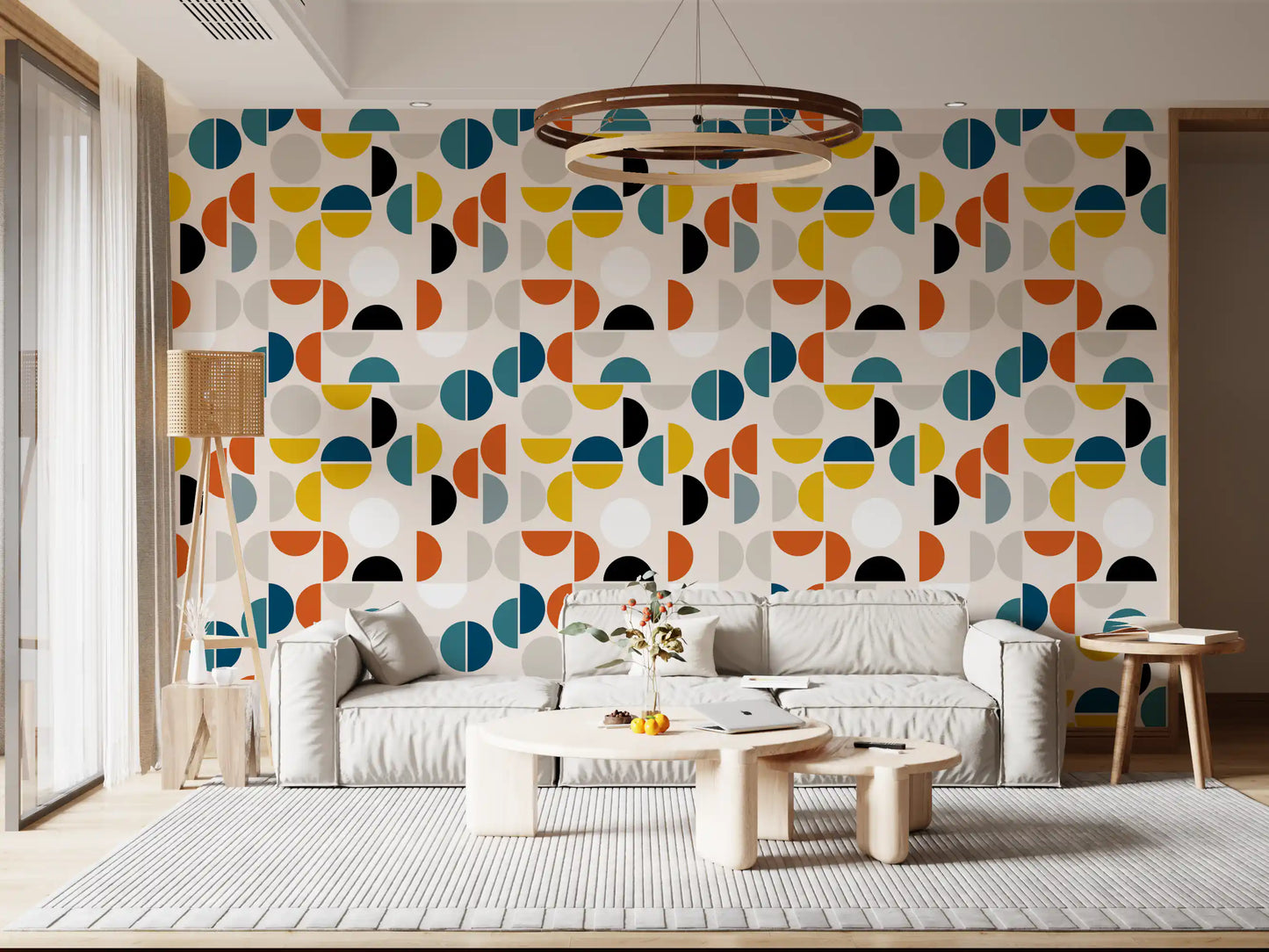 Colourful geometric wallpaper pattern in teal mustard orange black and grey for living room., GD10549