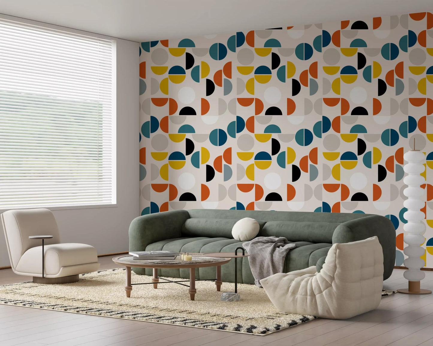 Teal and orange geometric wallpaper featuring clean graphic circle shapes., GD10549