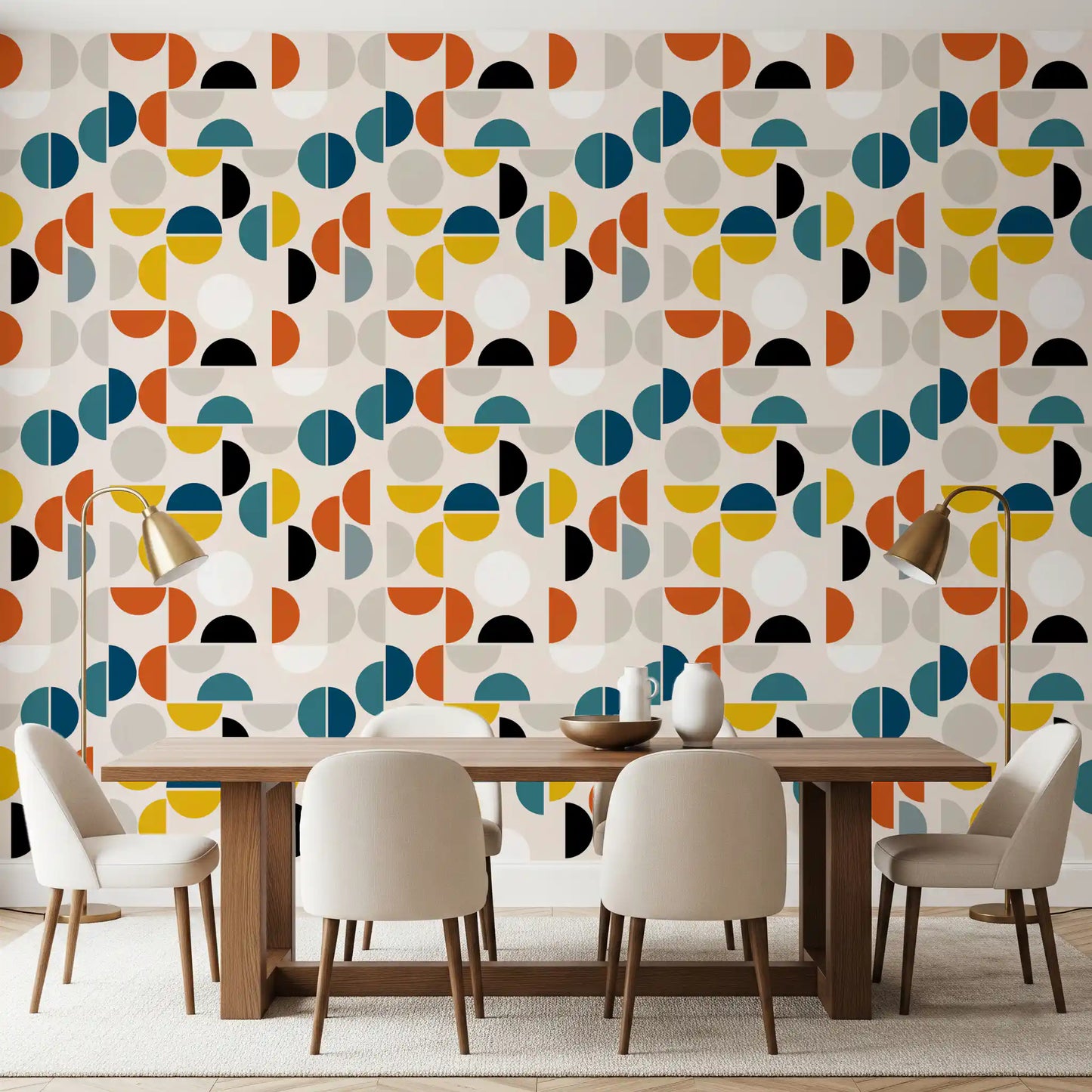 Bold circle wallpaper with burnt orange and deep teal on cream background in dining room., GD10549