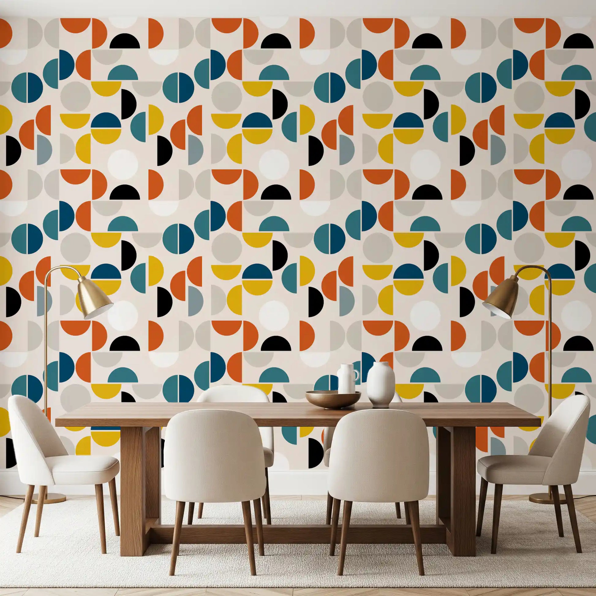 Bold circle wallpaper with burnt orange and deep teal on cream background in dining room., GD10549