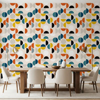 Bold circle wallpaper with burnt orange and deep teal on cream background in dining room., GD10549