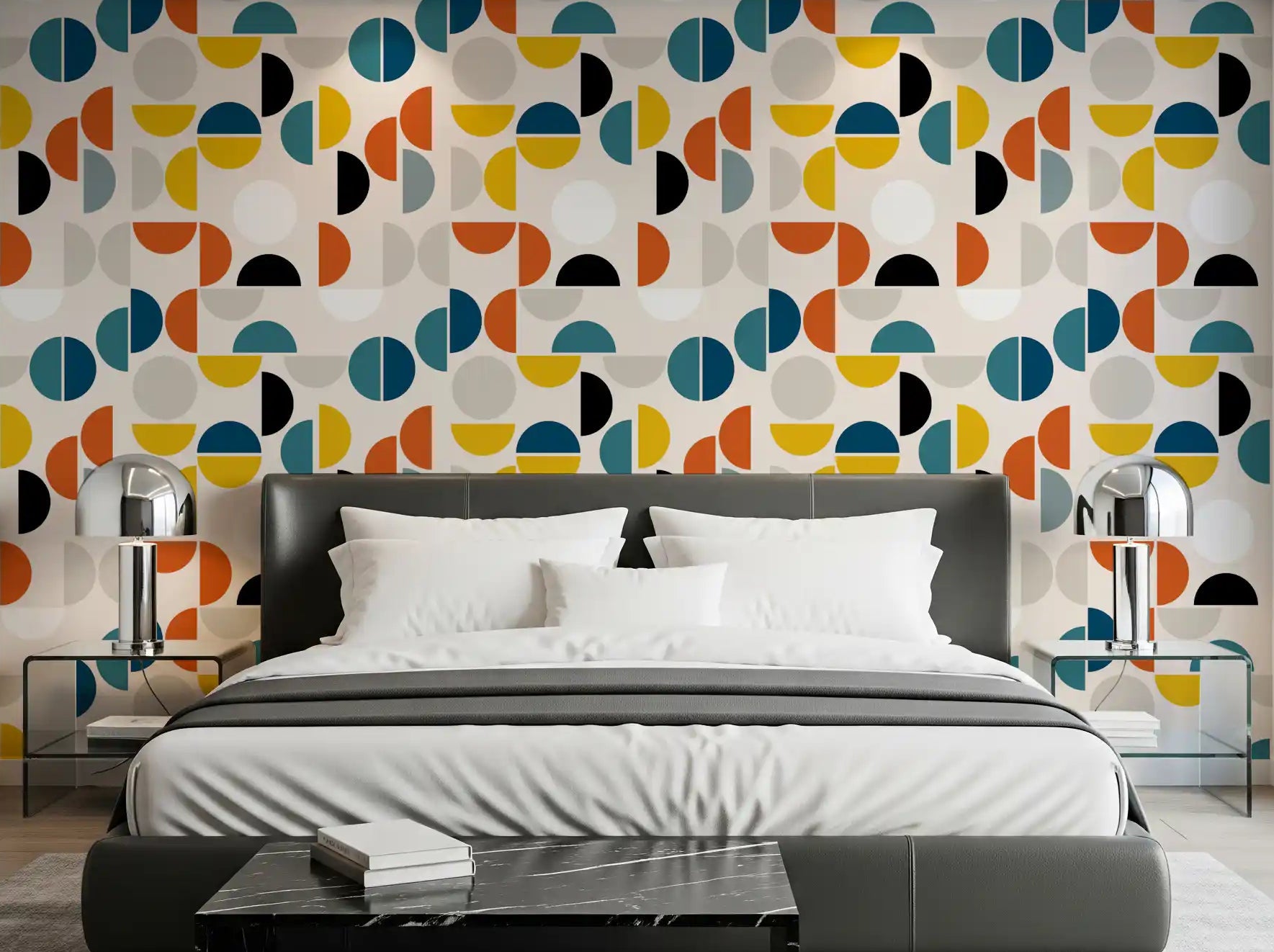 Modern geometric wallpaper for bedroom walls in mustard grey and teal tones., GD10549