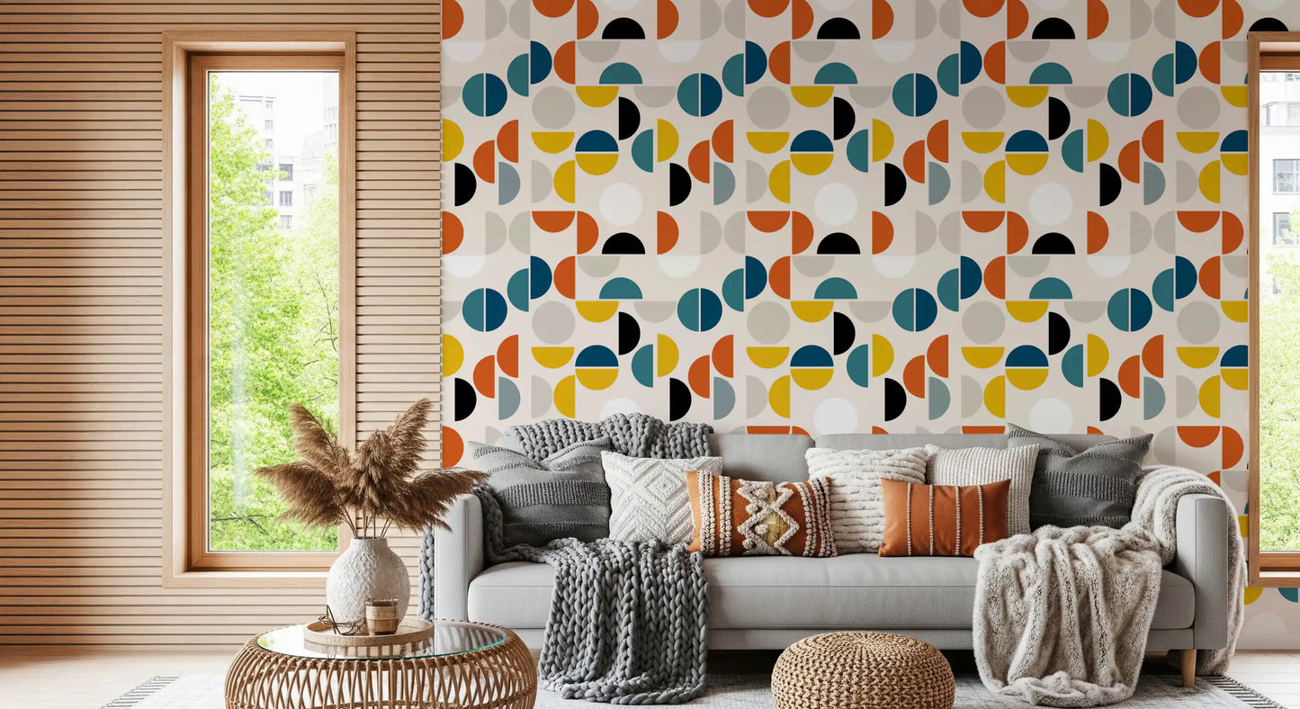 Modern geometric wallpaper with flat coloured half-circles and full circles., GD10549