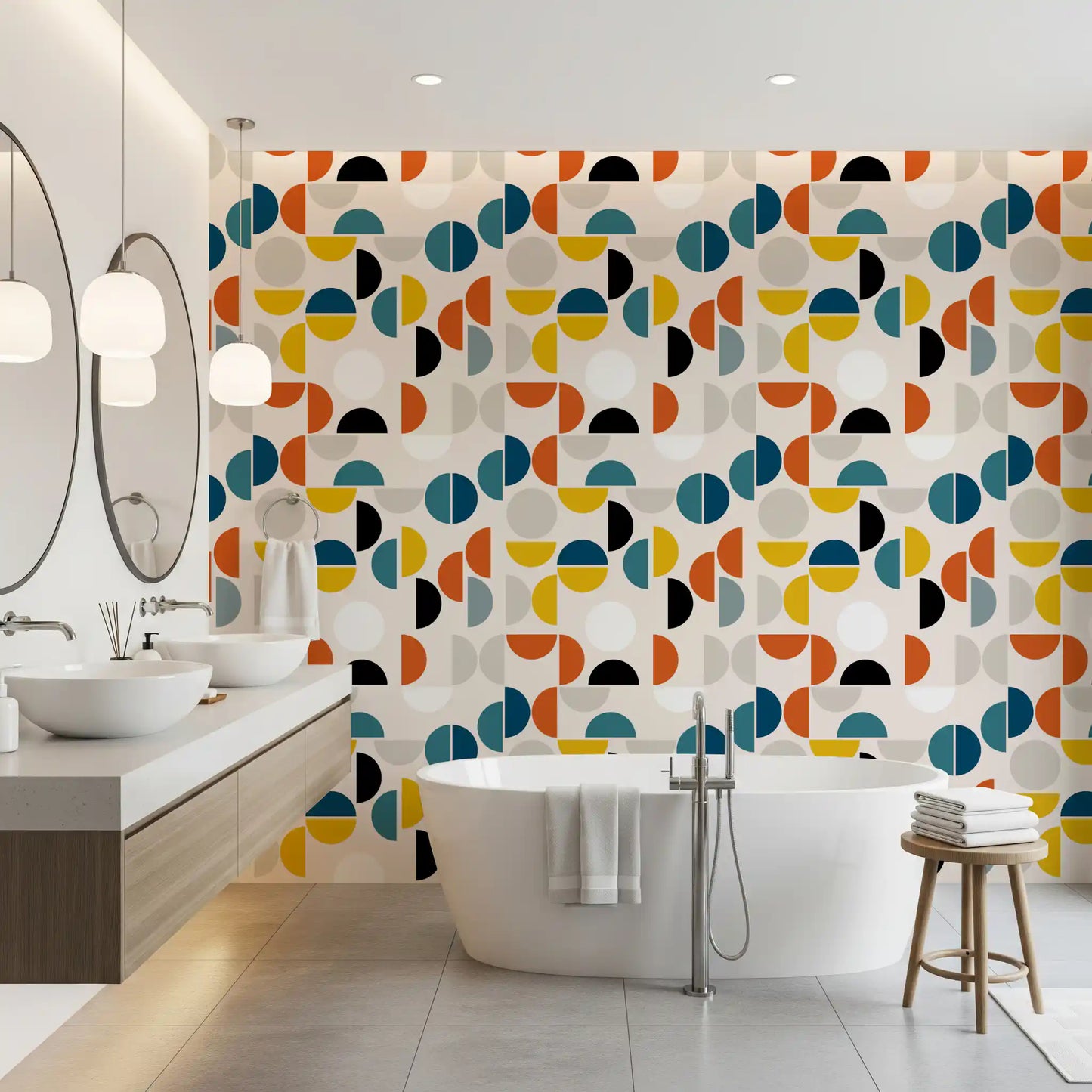 Geometric rhythm wallpaper for bathroom with bold teal and orange circles., GD10549
