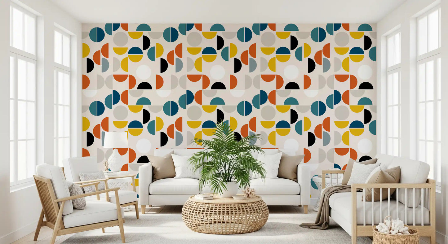 Mid-century geometric wallpaper with bold semicircles on a soft cream base., GD10549