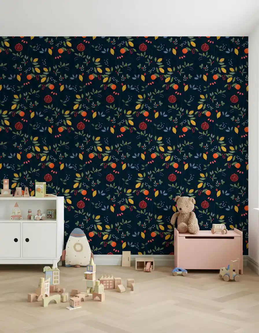 Dark navy fruit wallpaper with warm lemon yellow and pomegranate red tones., GD10550