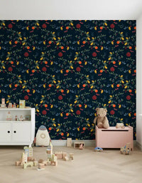 Dark navy fruit wallpaper with warm lemon yellow and pomegranate red tones., GD10550