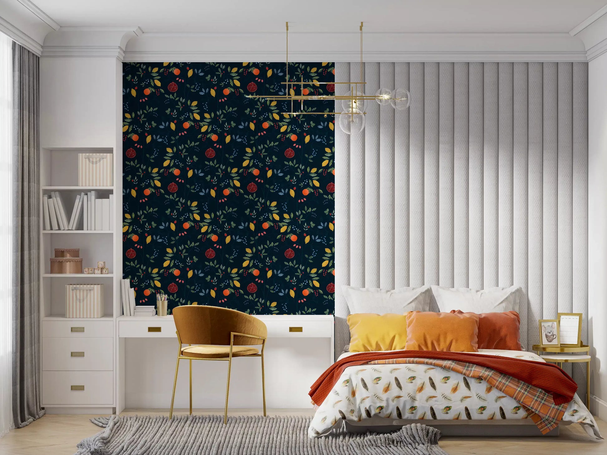 Vibrant harvest wallpaper with lemons oranges and pomegranates on dark navy., GD10550