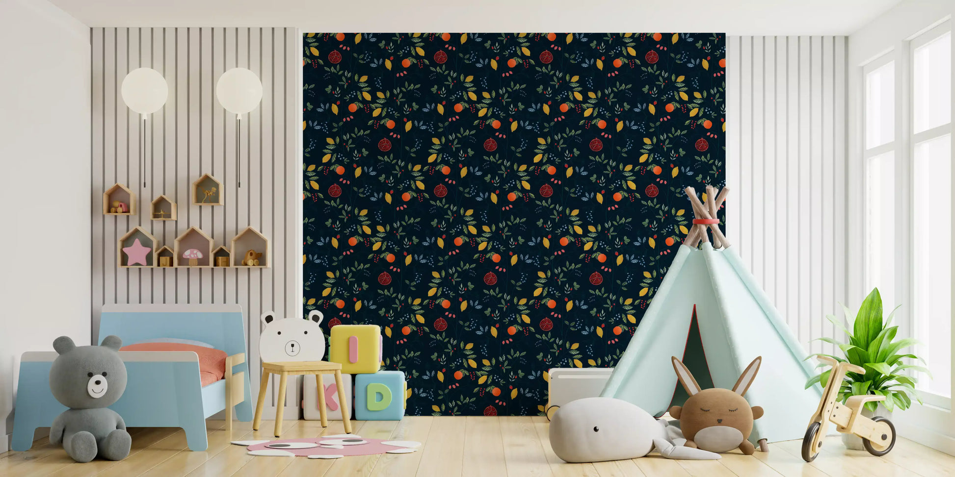 Illustrated harvest wallpaper with oranges blueberries and climbing leaves., GD10550