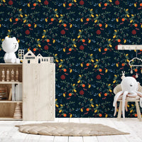 Colourful harvest wallpaper featuring strawberries lemons and sage foliage., GD10550