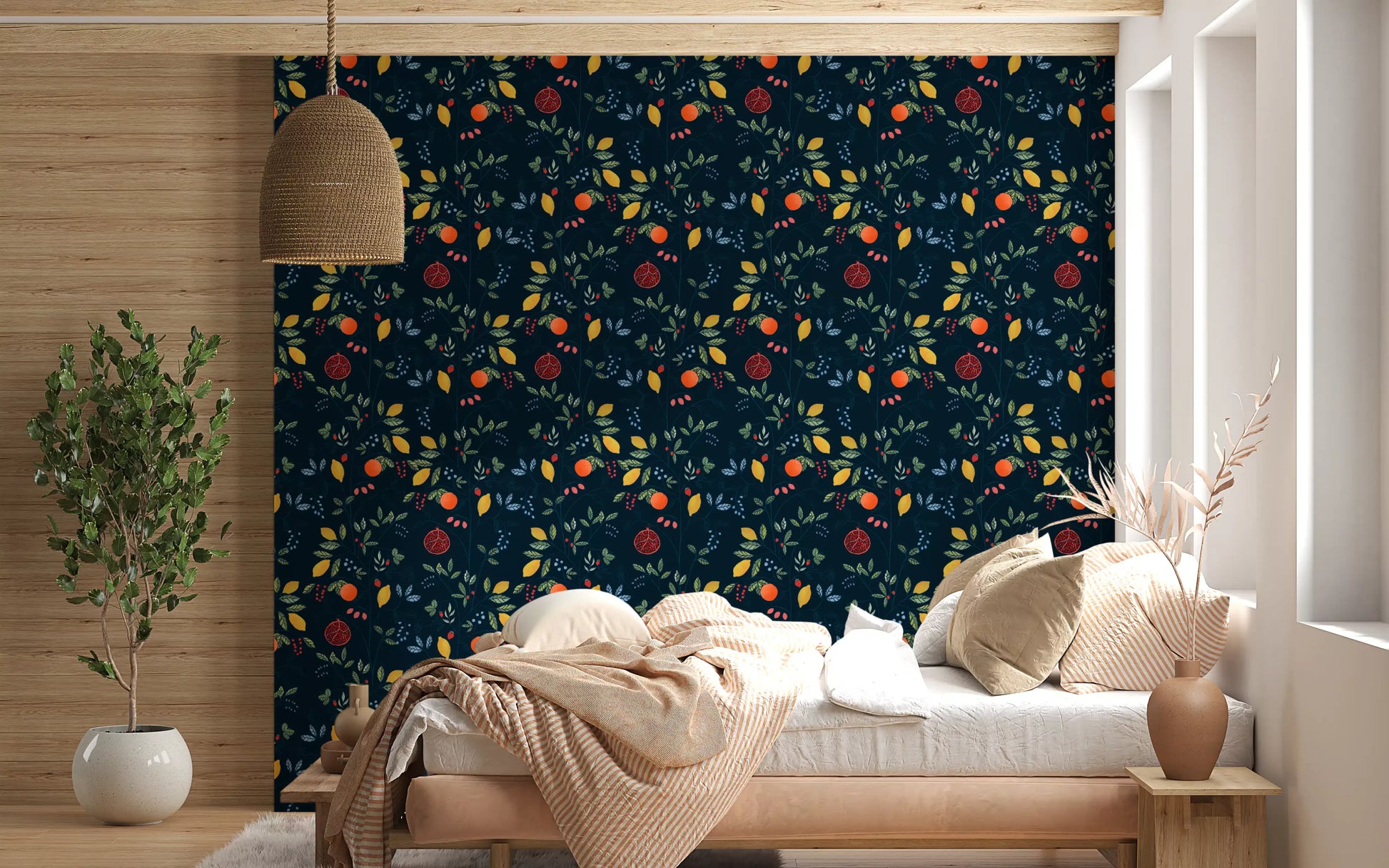 Navy background fruit wallpaper with yellow lemons and red pomegranates in bedroom., GD10550