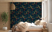 Navy background fruit wallpaper with yellow lemons and red pomegranates in bedroom., GD10550