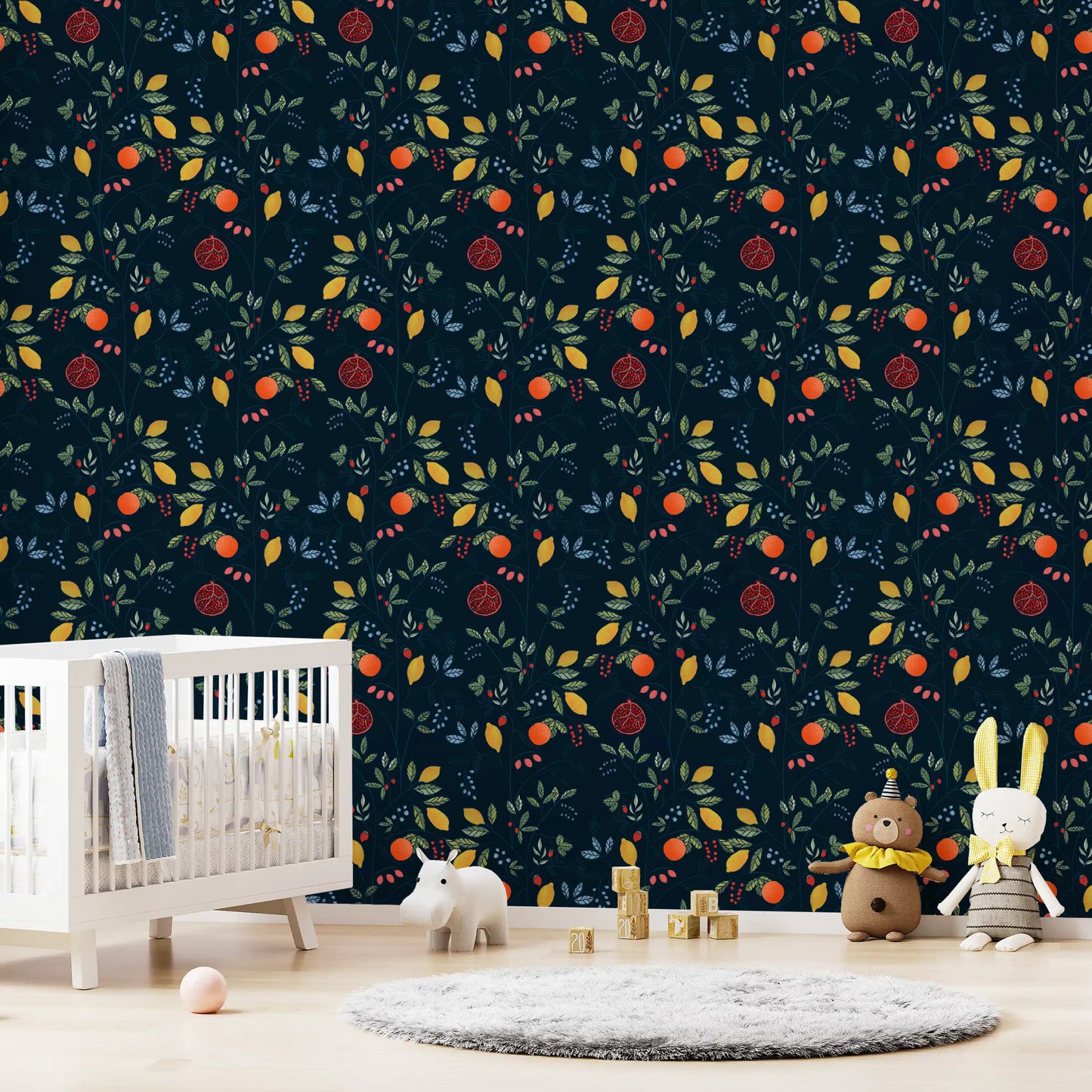 Fruit wallpaper for playroom with lemons and pomegranates on dark navy ., GD10550