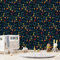 Fruit wallpaper for playroom with lemons and pomegranates on dark navy ., GD10550