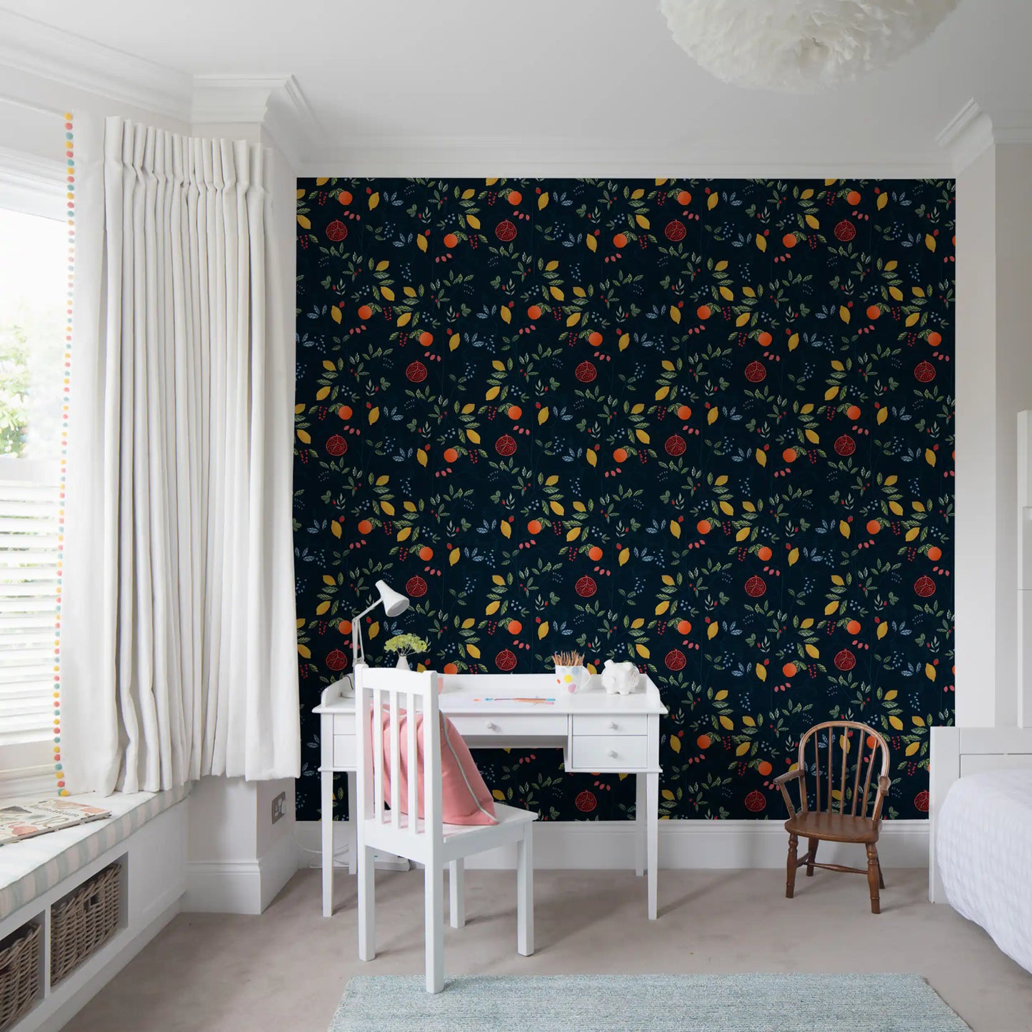 Botanical fruit wallpaper pattern with berries and green foliage on dark blue., GD10550