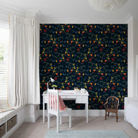 Botanical fruit wallpaper pattern with berries and green foliage on dark blue., GD10550