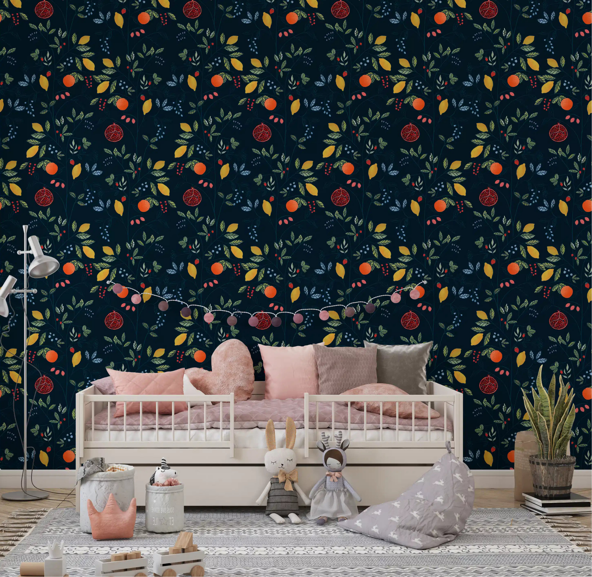 Dark botanical harvest wallpaper for nursery in rich navy and warm tones., GD10550
