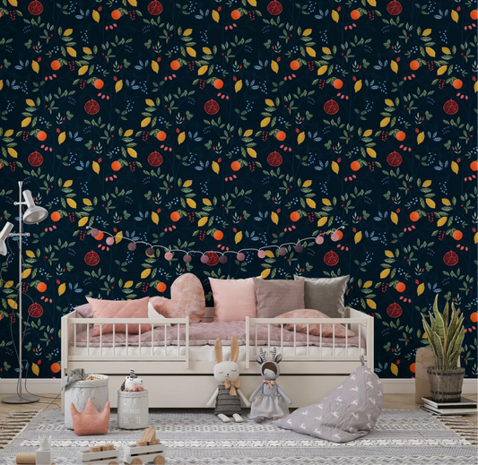 Dark botanical harvest wallpaper for nursery in rich navy and warm tones.