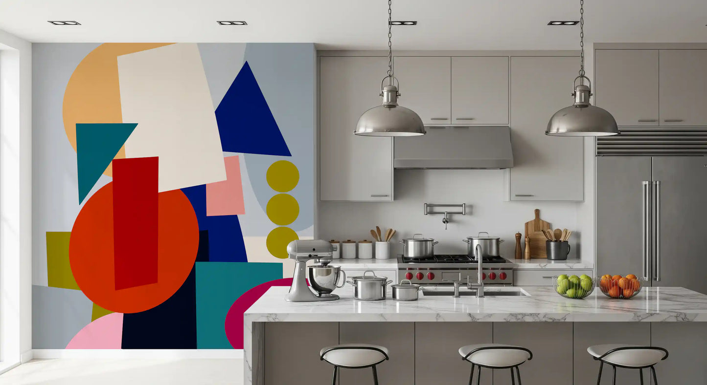 Bold abstract wall mural featuring circles triangles and rectangles in kitchen., GD10551