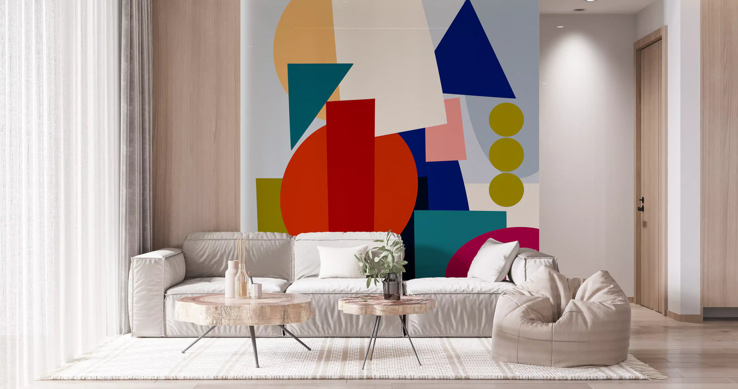 Modern geometric wall mural in vivid orange teal pink and olive tones., GD10551