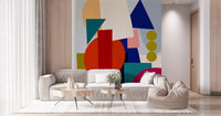 Modern geometric wall mural in vivid orange teal pink and olive tones., GD10551