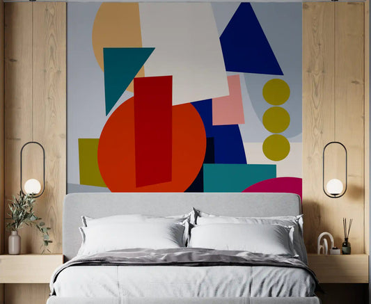 Abstract geometric wall mural for bedroom in vivid multicolour tones.