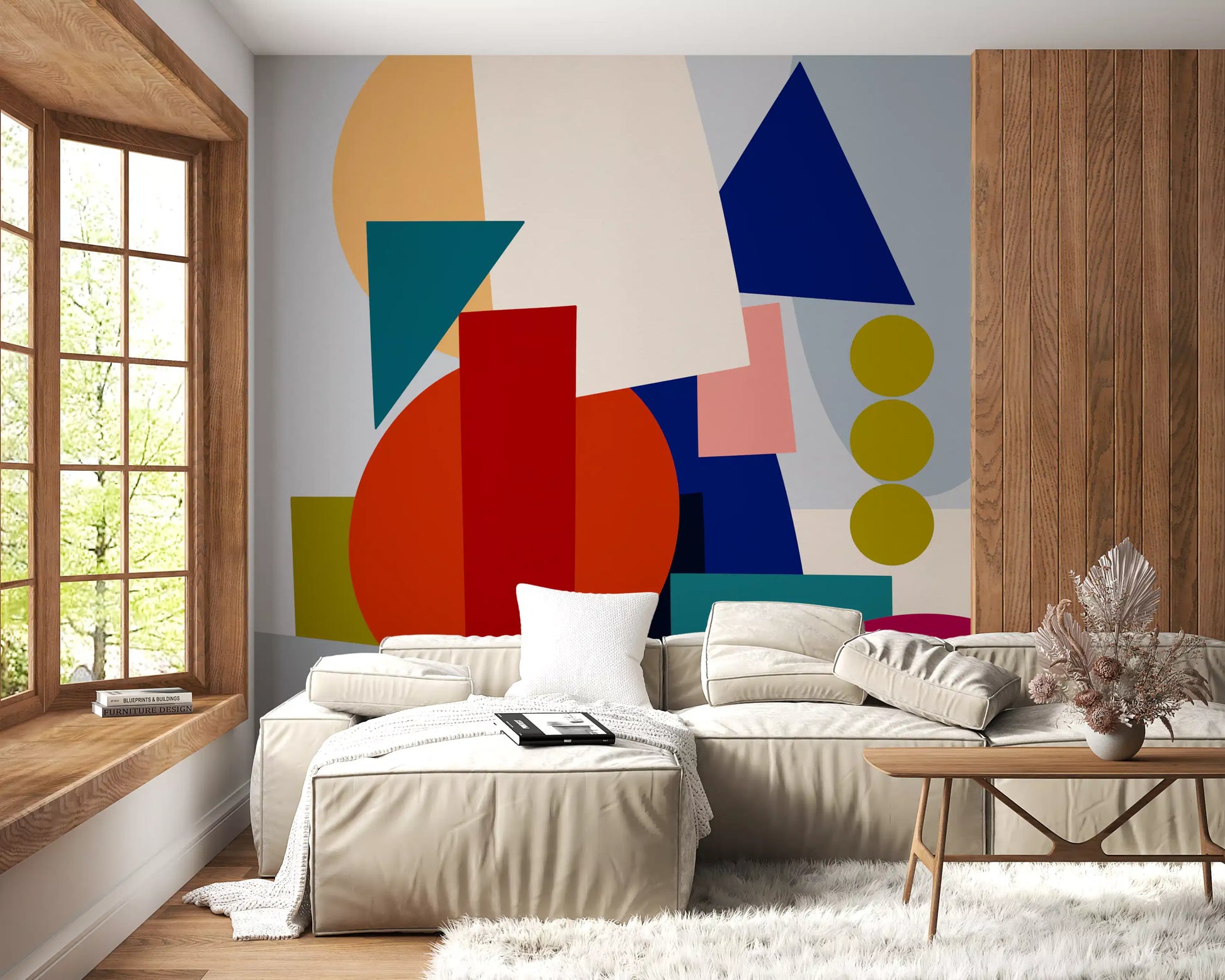 Geometric wall mural for living room with bold overlapping colour shapes., GD10551