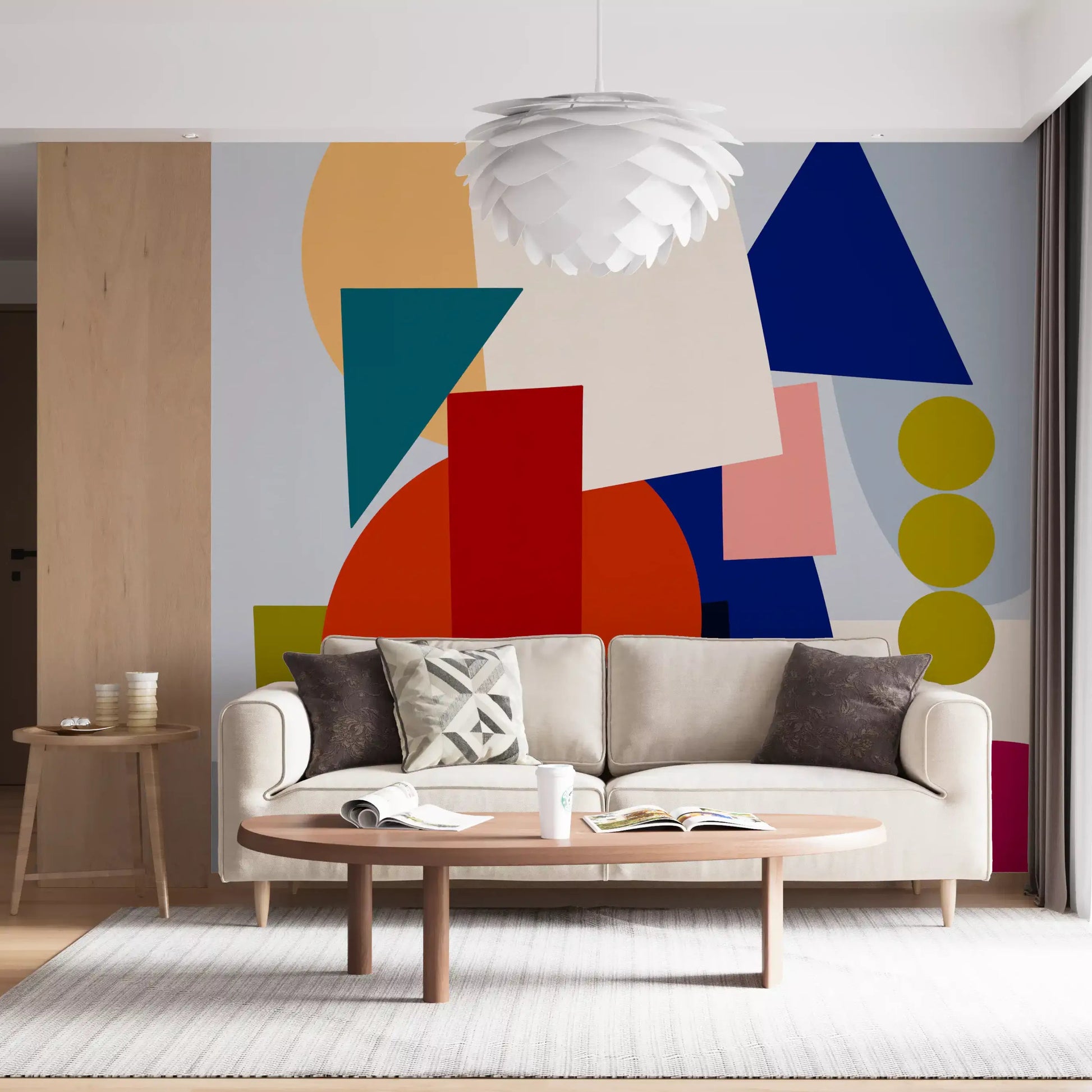 Geometric wall mural with layered colour blocks on a cool grey background., GD10551