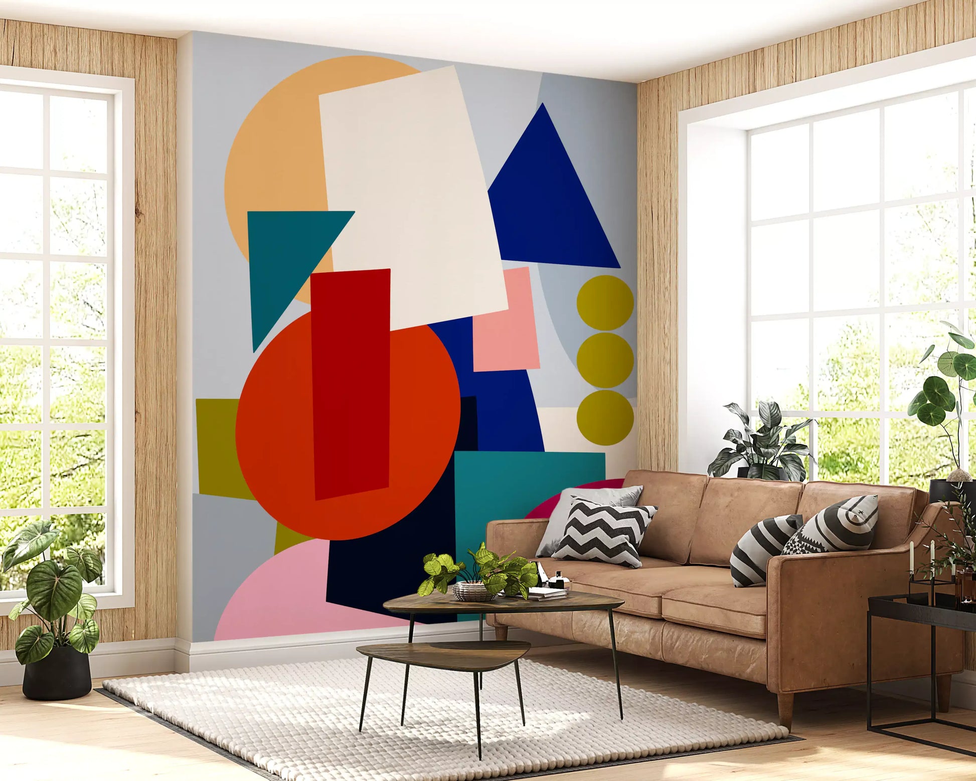 Abstract shape wall mural featuring magenta oval and peach accents in living area., GD10551