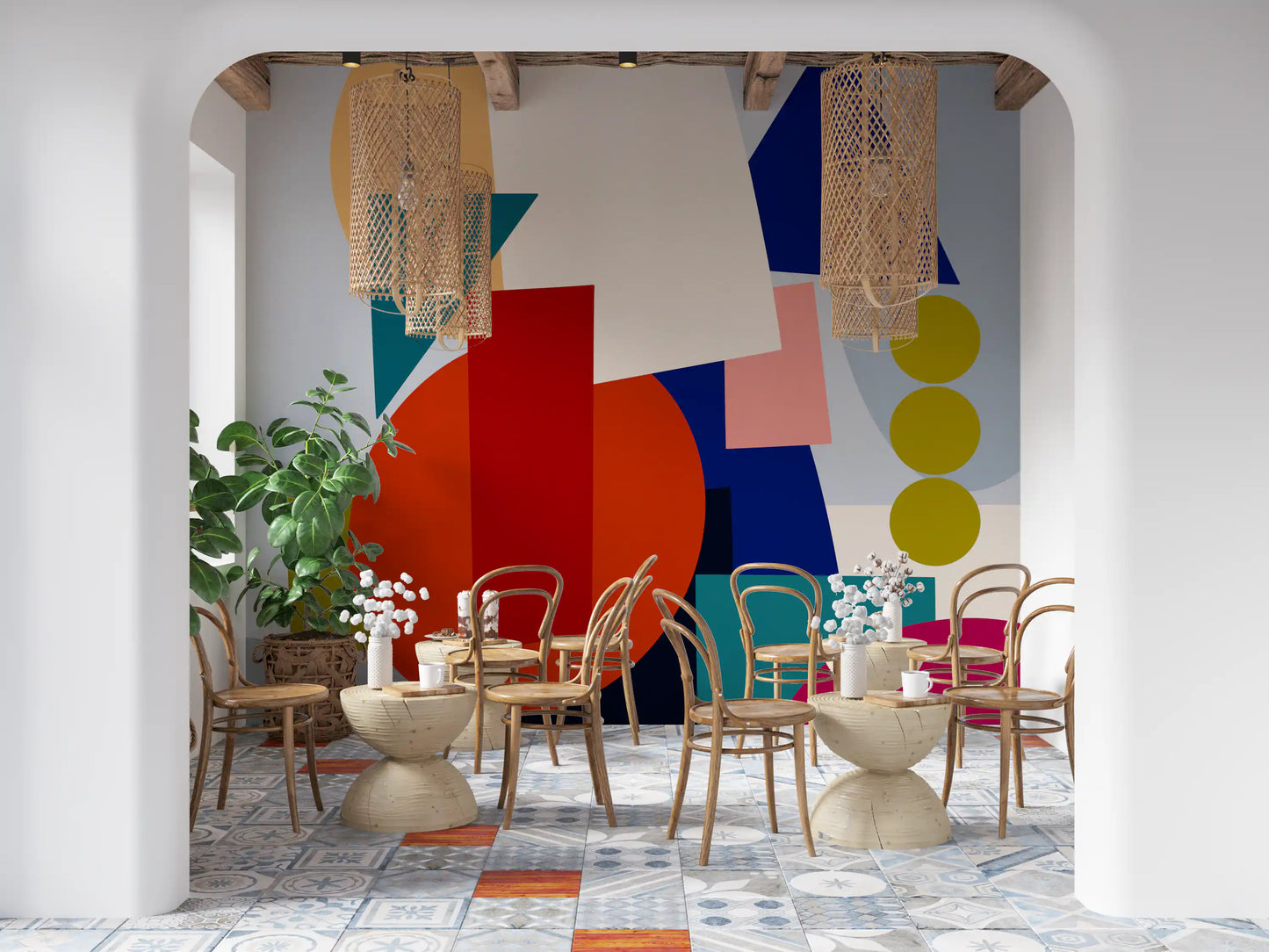 Flat colour geometric wall mural with overlapping circles and rectangles., GD10551