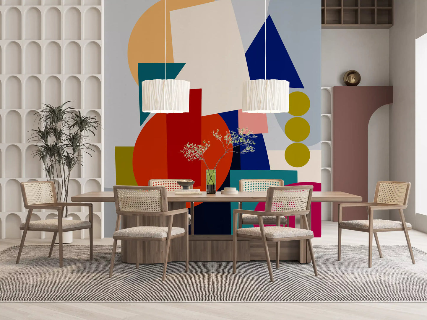 Bold layered geometric wall mural with teal navy and warm orange shapes., GD10551